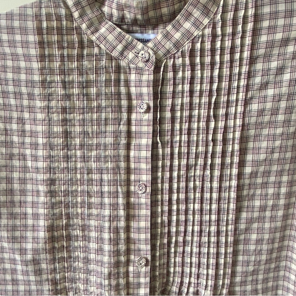 Uniqlo 100% Cotton Classic Beige Plaid Button-Up Shirt with Mauve & Navy Stripes - Picture 3 of 12